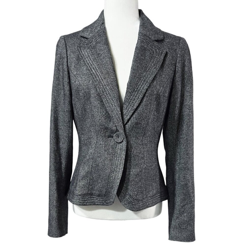 Ann Taylor Virgin Wool Blend Gray One Button Blazer Contrast Stitching Preppy